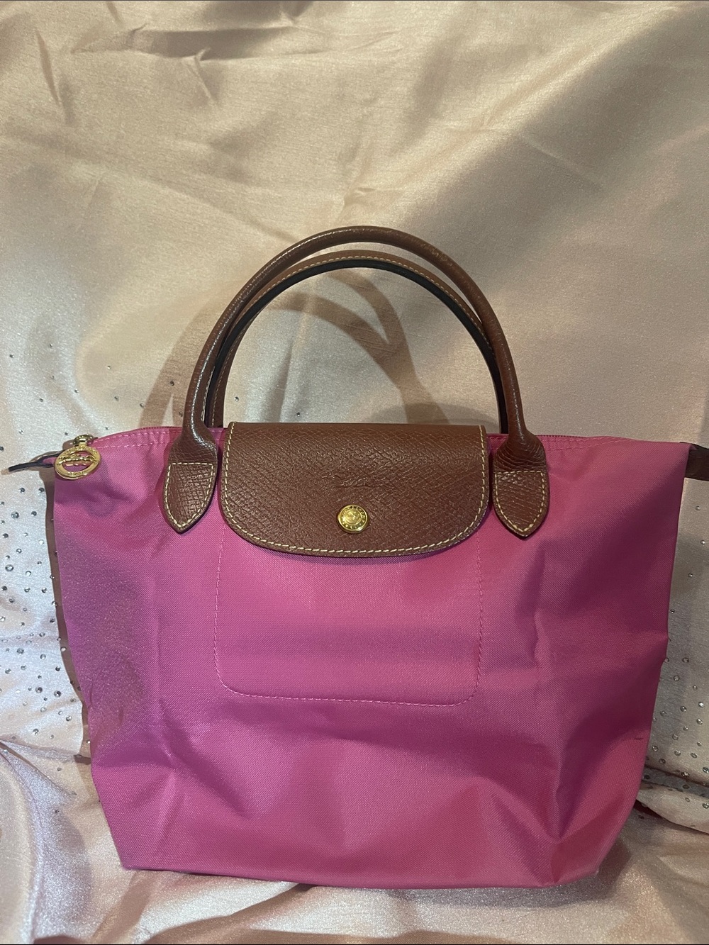 Longchamp Le Pliage Small Top-Handle Tote in Pink with Brown Trim